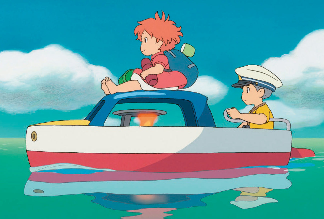 Postcard artwork of a red boat with a child on top and a sailor driving