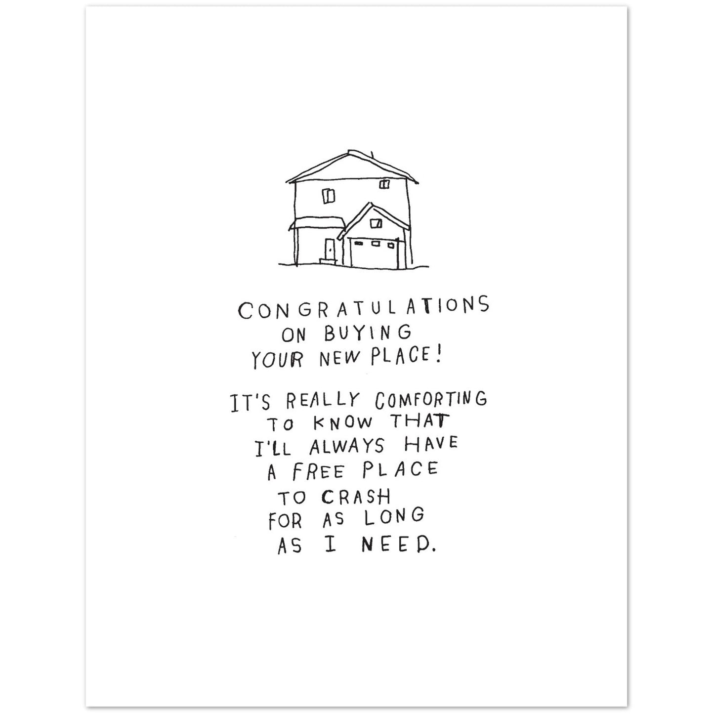 House-themed greeting card with line-art roof and text "Congratulations on buying your new place"