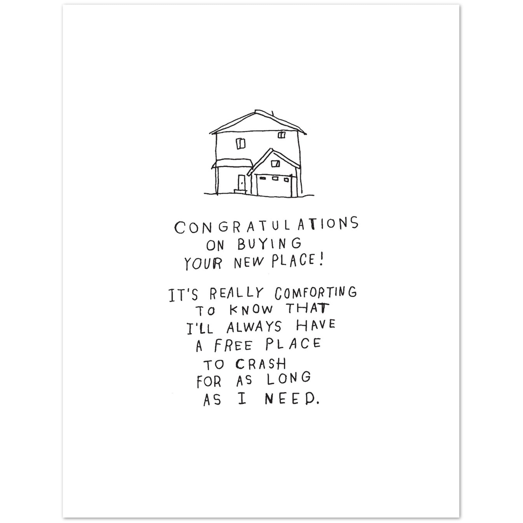 House-themed greeting card with line-art roof and text "Congratulations on buying your new place"