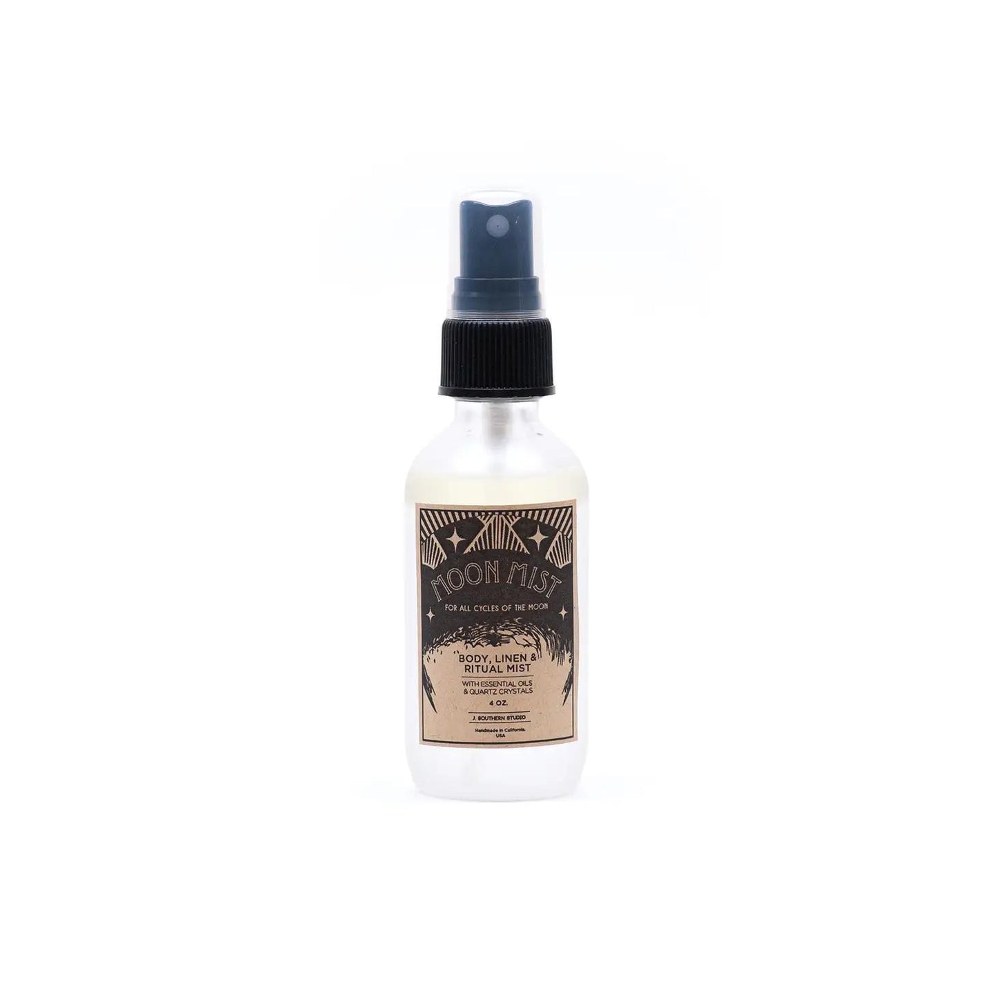 Clear glass body mist spray bottle with dark label and blue pump top