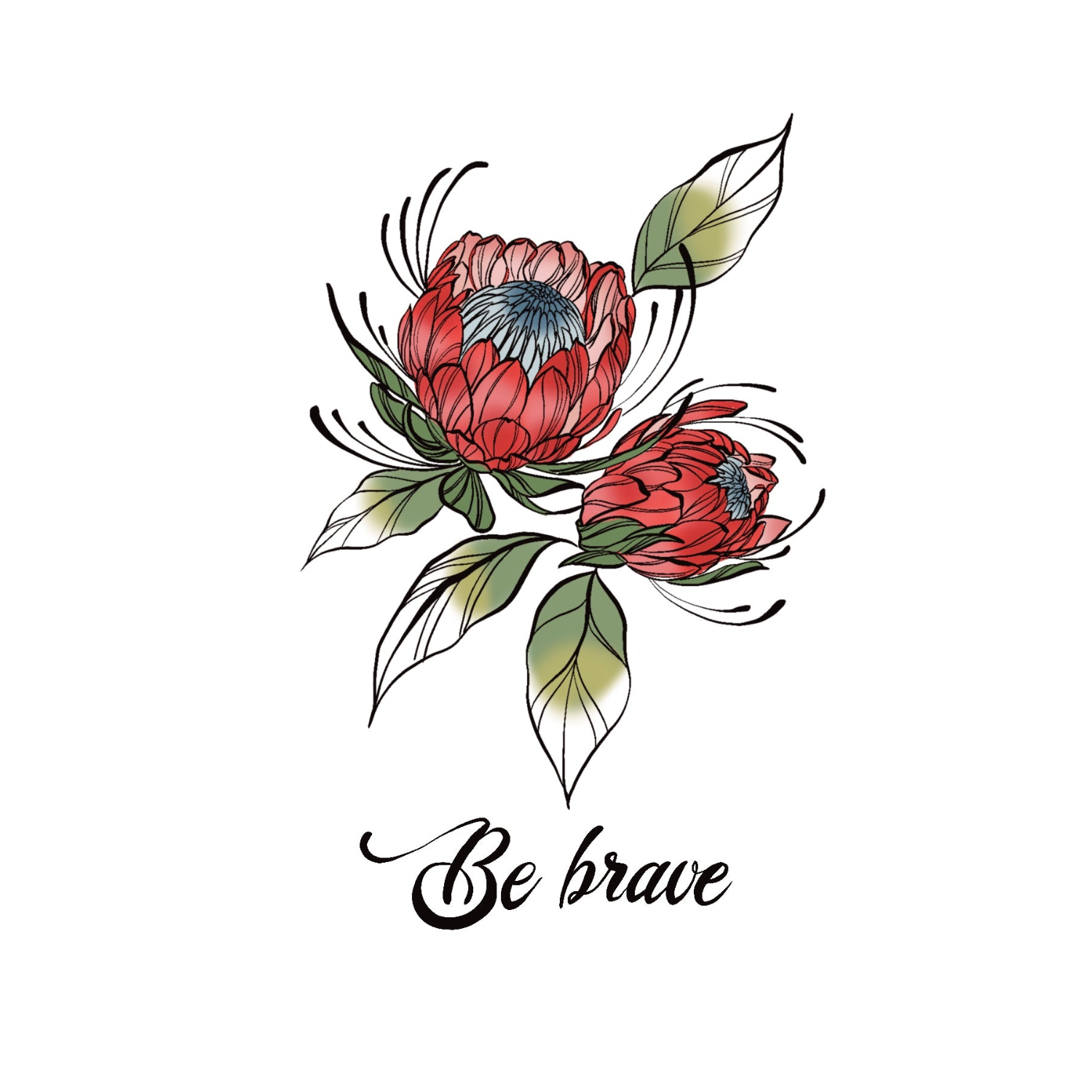 Temporary protea flower tattoo with colorful petals and script "Be brave"