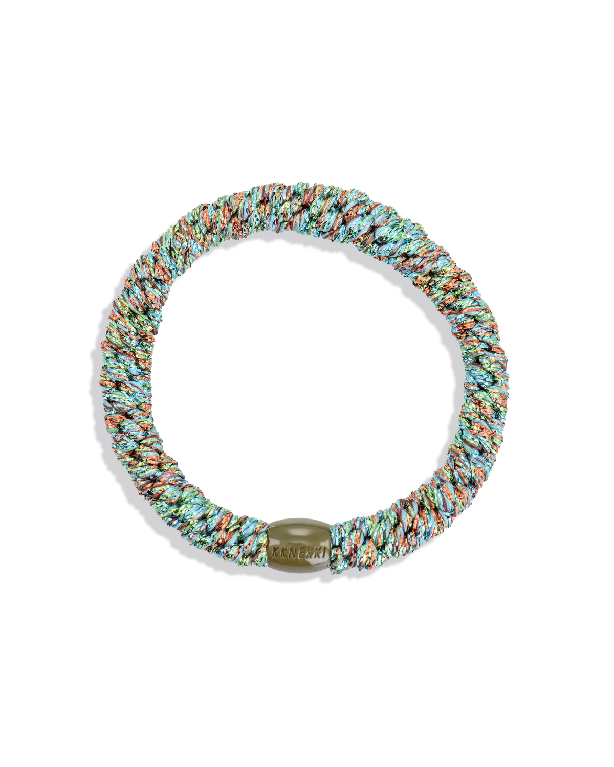 Woven glitter hair tie in teal, aqua, and silver with a white center