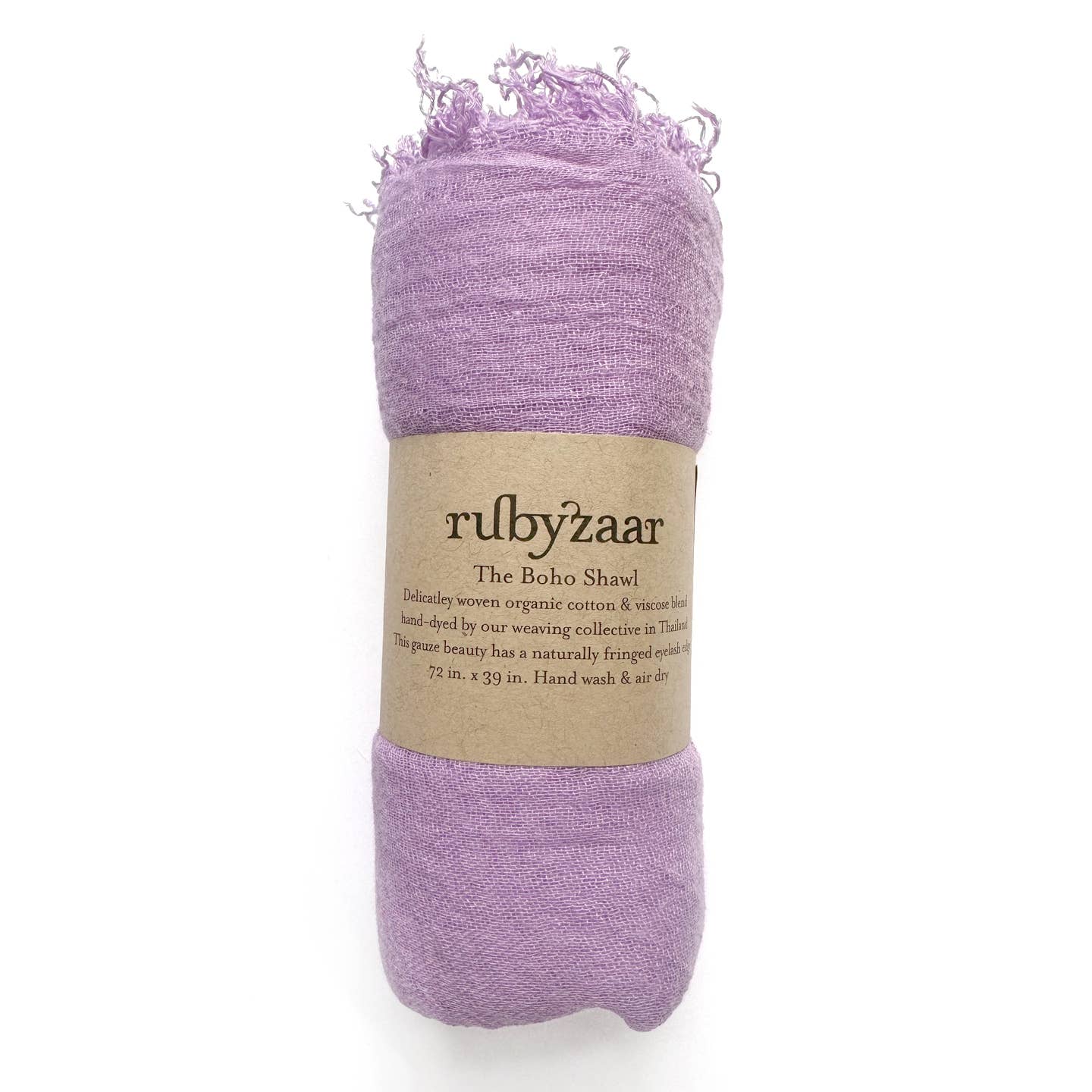 Lavender boho shawl with frayed edges, packaged with rubyzaar label