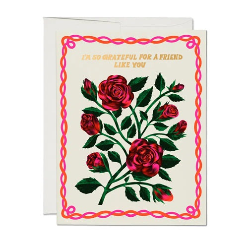 Friendship greeting card with red roses and pink scalloped border