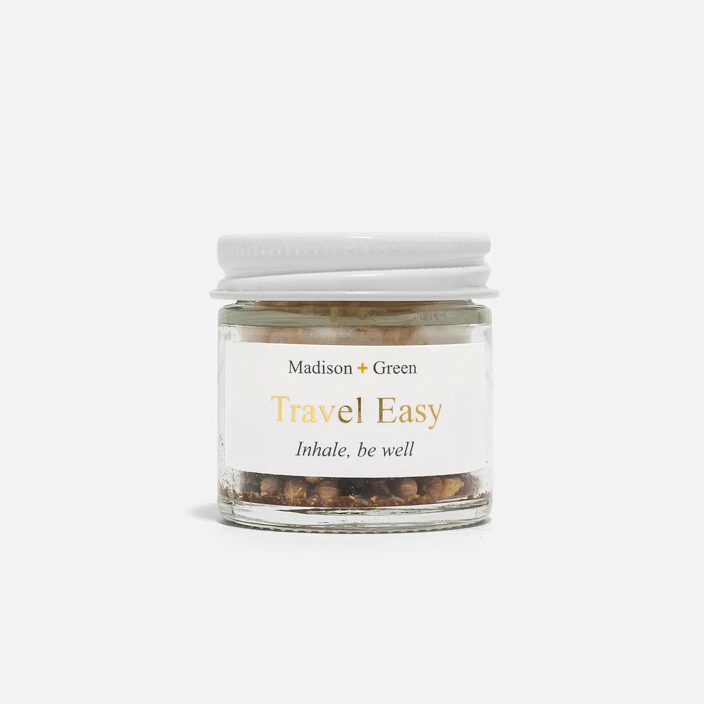 Aromatherapy inhaler jar with white cap, label "Travel Easy" by Madison + Green