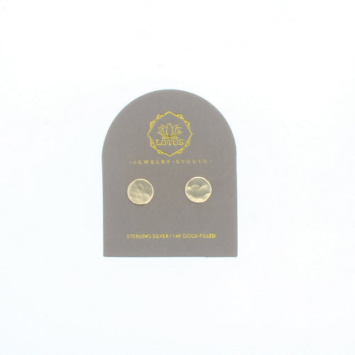 Gold-tone circular stud earrings on cardboard display card, two round studs