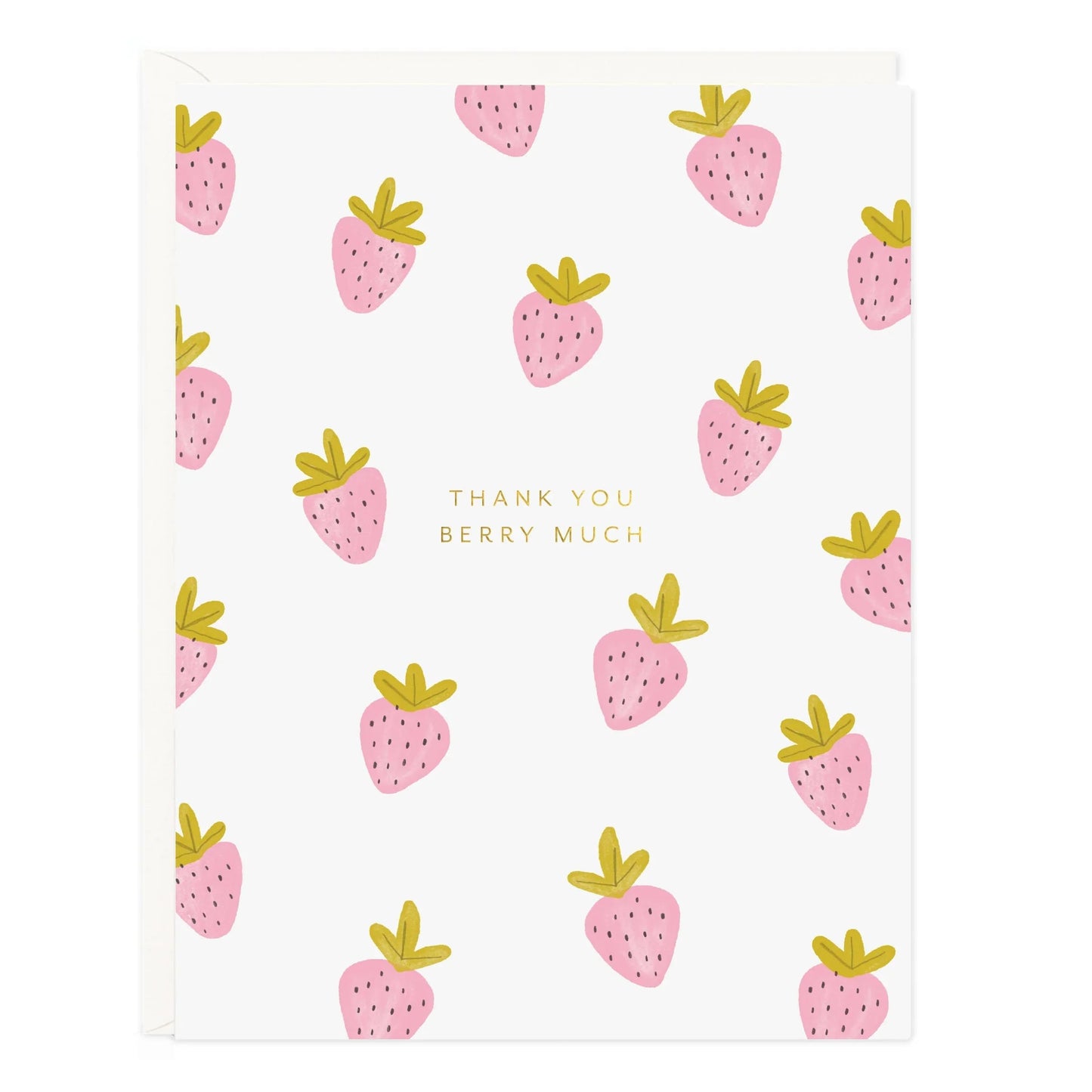 Thank you berry much greeting card with pink strawberry pattern and small gold accents