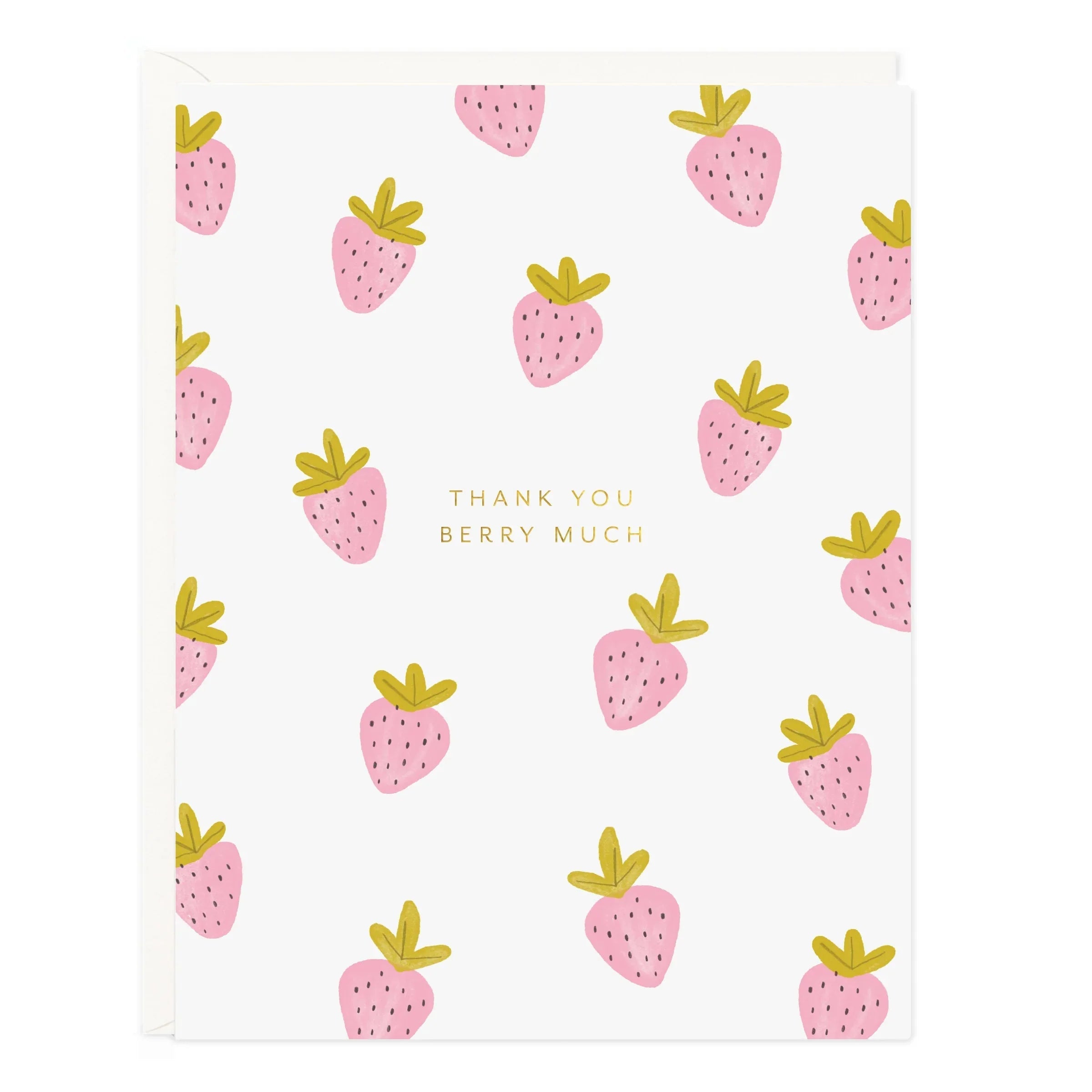 Thank you berry much greeting card with pink strawberry pattern and small gold accents