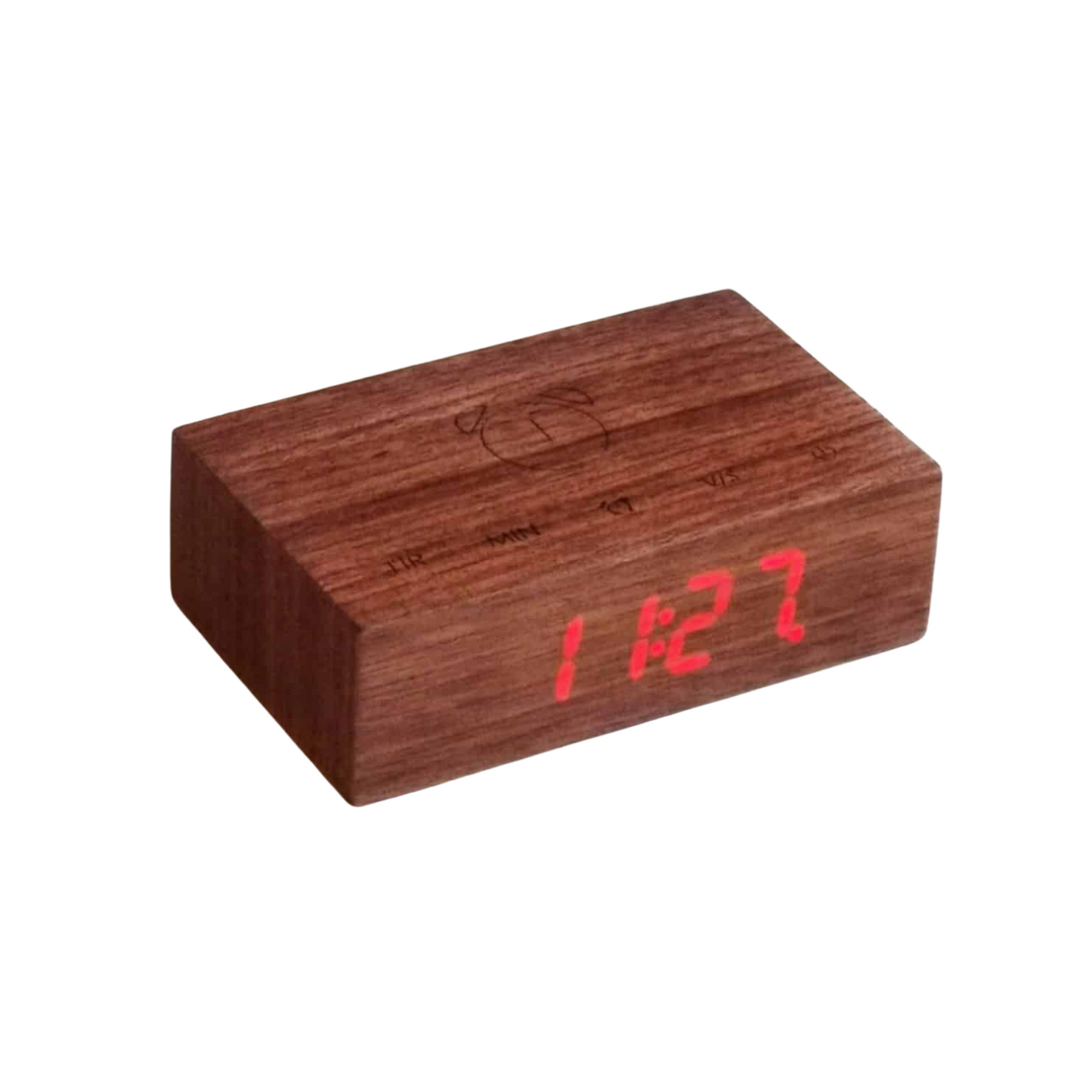 Dark reddish wood Flip Click Clock block with red LED digits on the front display