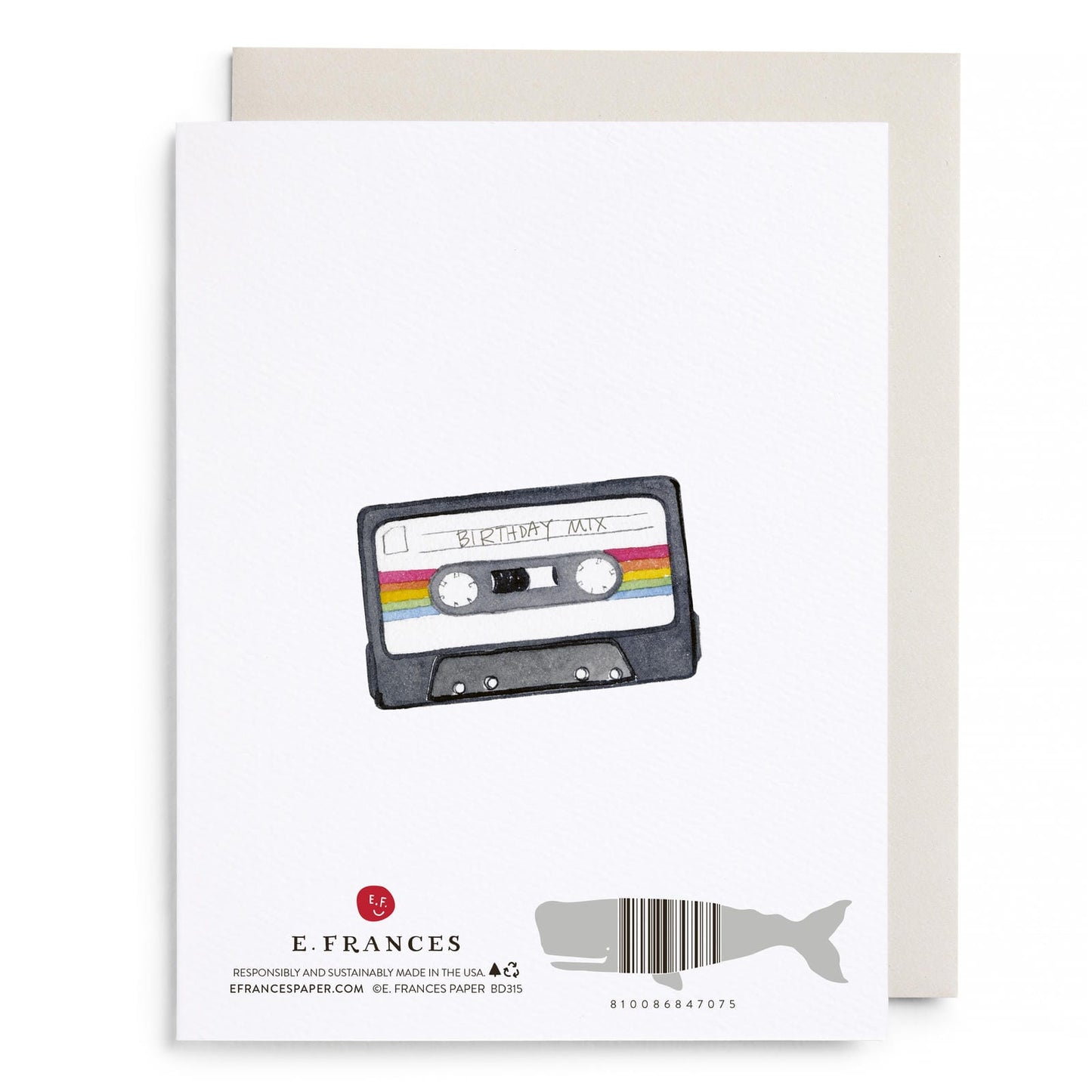 Boom box birthday card with cassette graphic, E. Frances logo and barcode