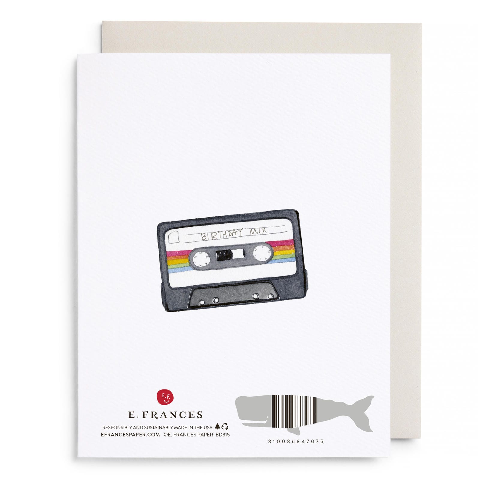 Boom box birthday card with cassette graphic, E. Frances logo and barcode