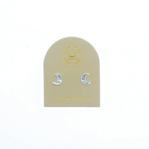 Moon stud earrings, silver-tone, shown on brand card