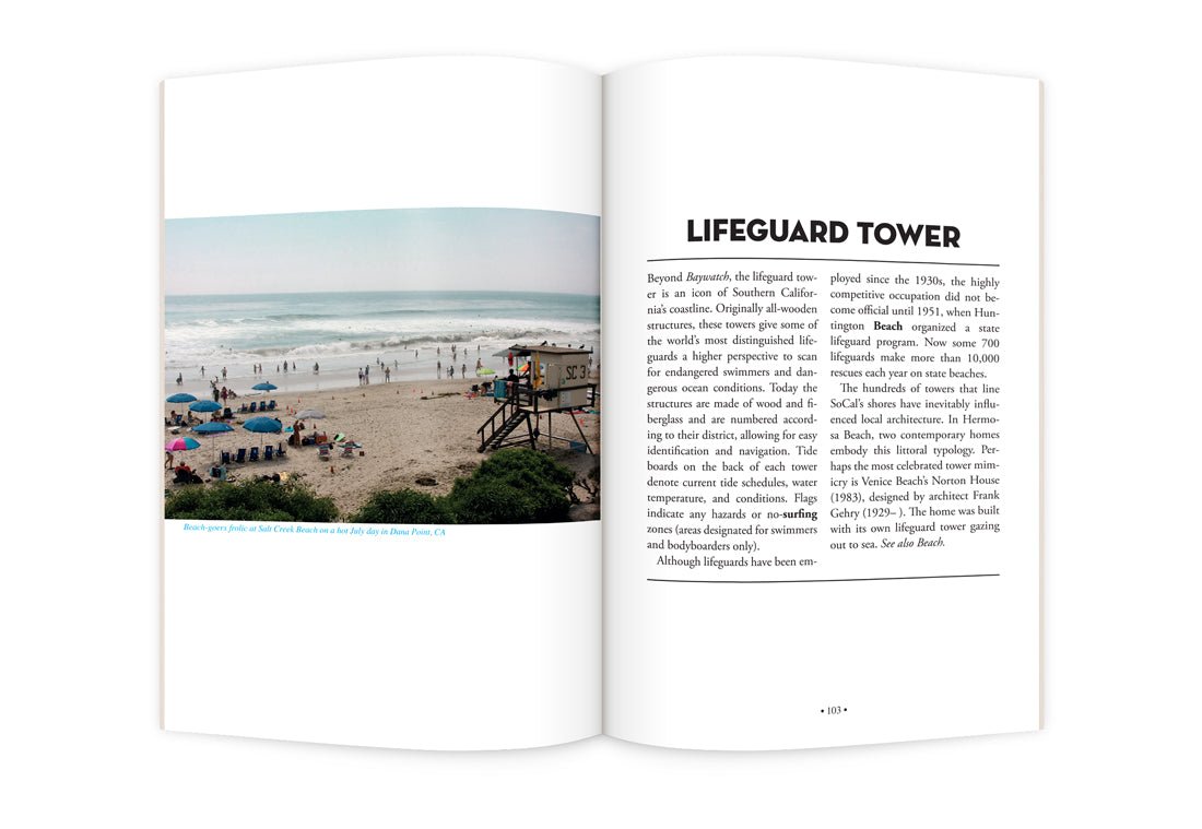 Open photo book showing beach scene left page and lifeguard tower article
