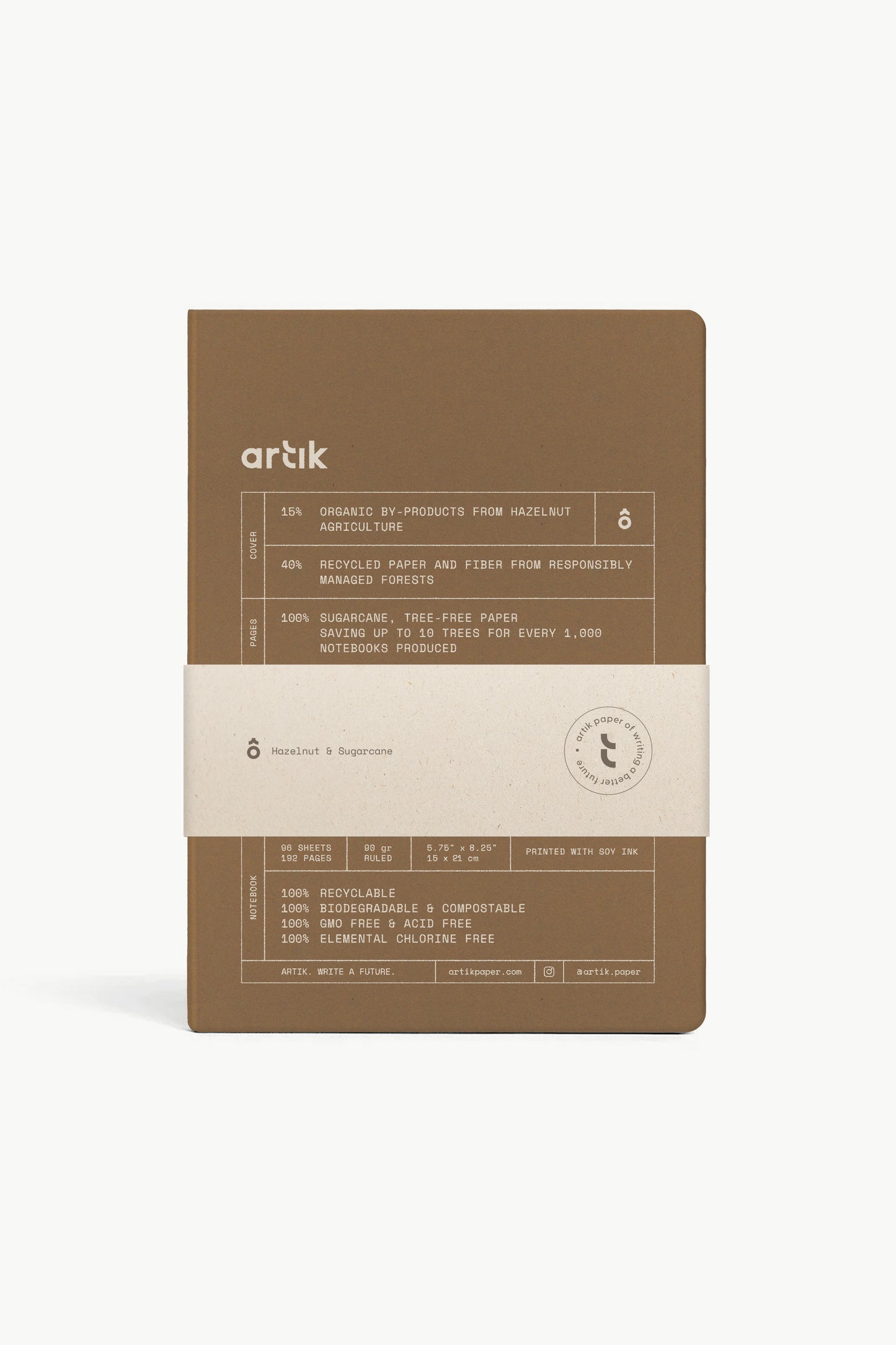 Hard cover lined journal in hazelnut brown, arik logo with ingredients panel