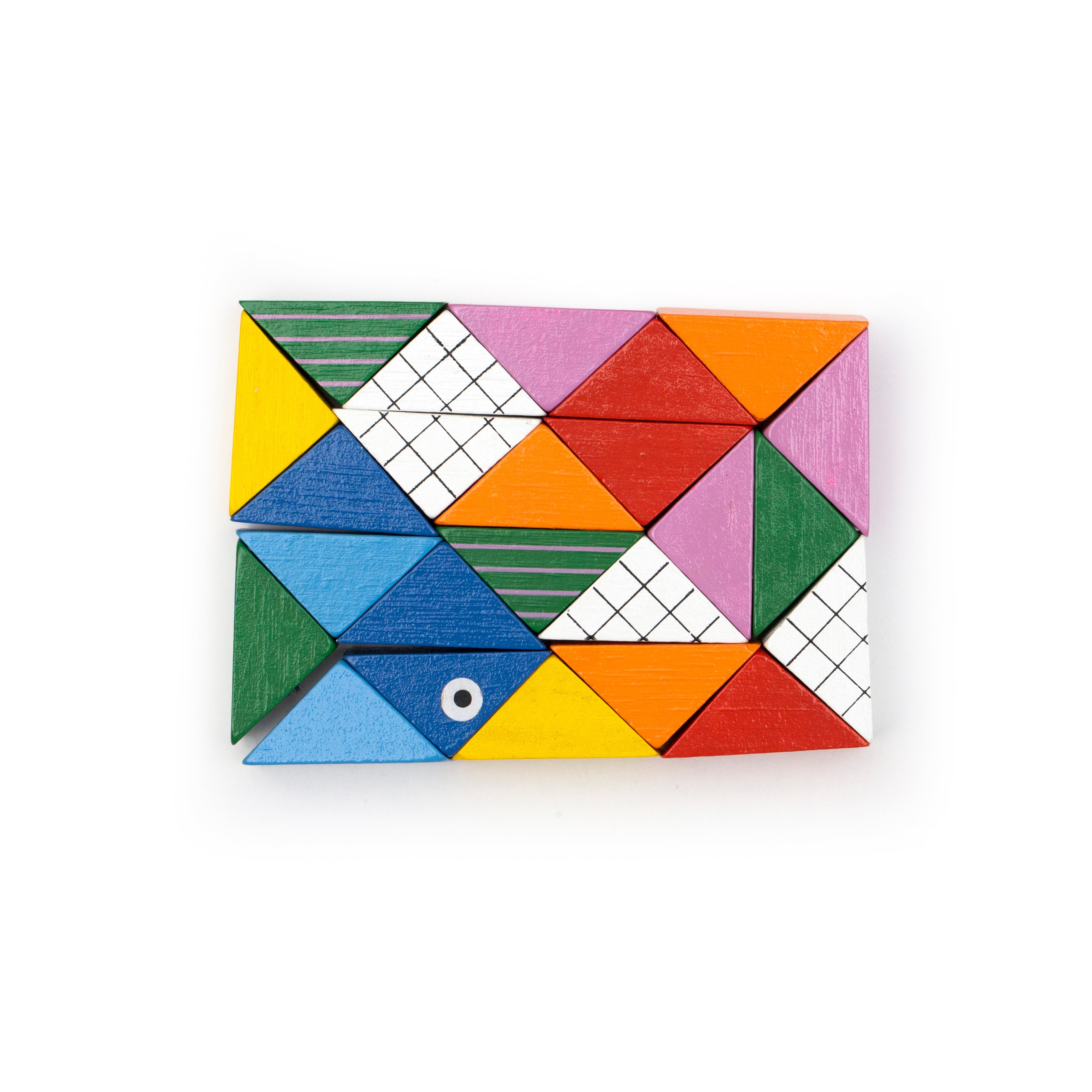 Colorful geometric puzzle pieces with white grid faces, arranged in a rectangle