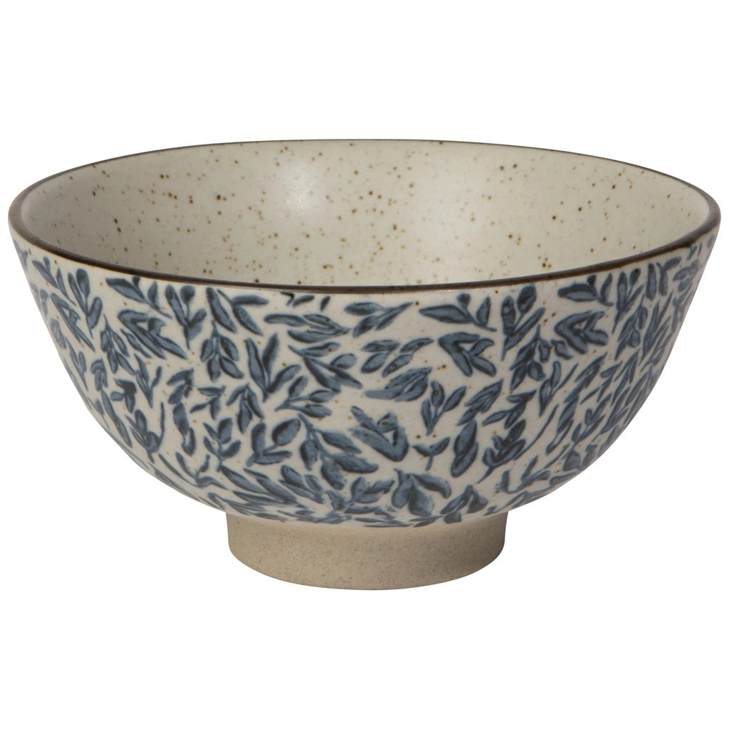 Large ceramic bowl, speckled beige interior, blue leaf pattern exterior