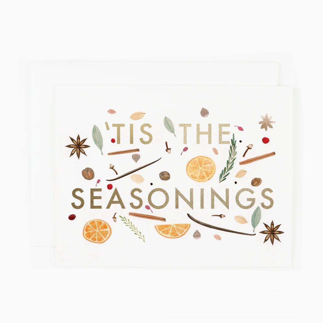 Gold foil Tis the Seasonings greeting card with spice, citrus, leaf illustrations
