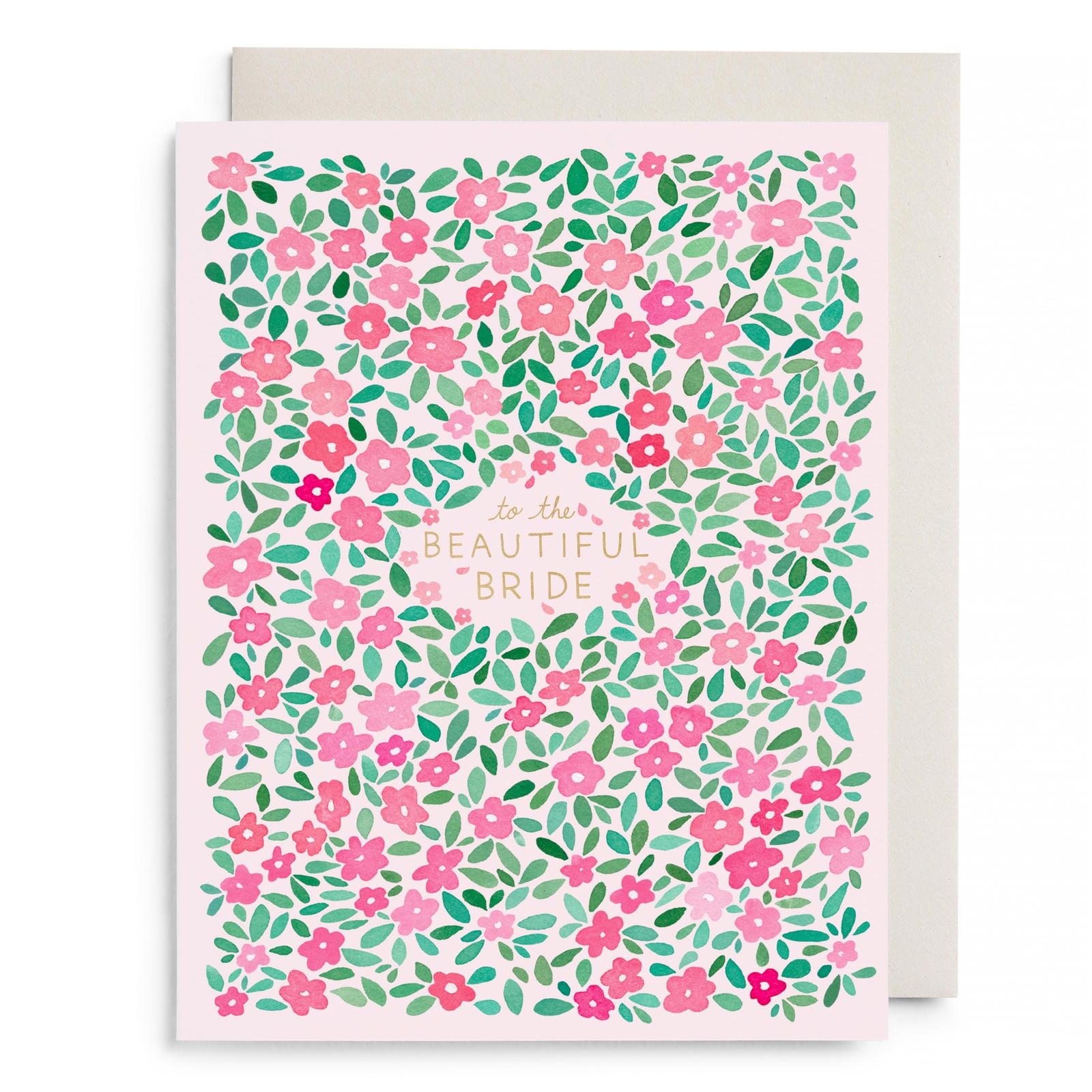 Bridal greeting card with pink floral leaves and “to the beautiful bride” text.