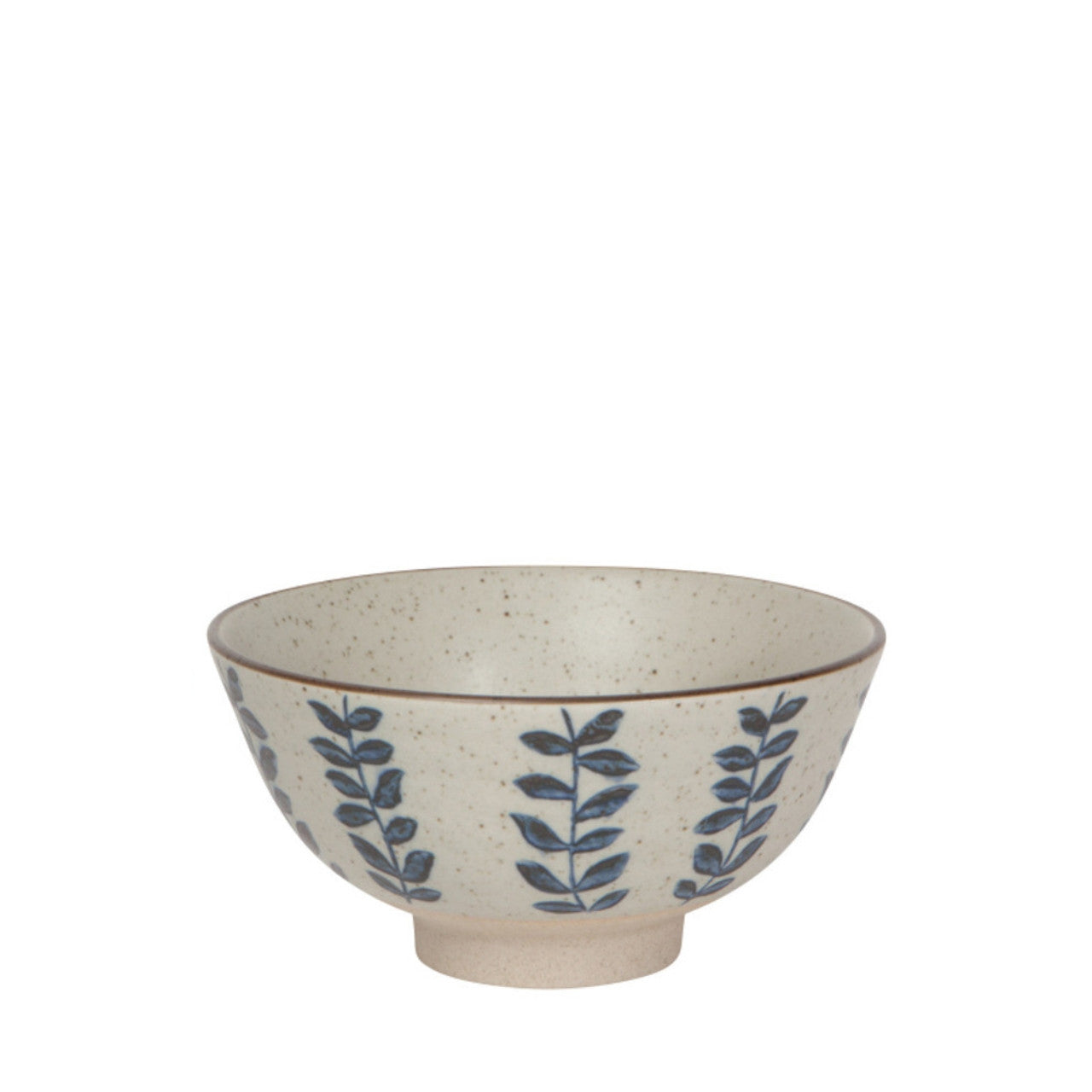 Large ceramic bowl with beige speckled finish and blue vine leaf pattern