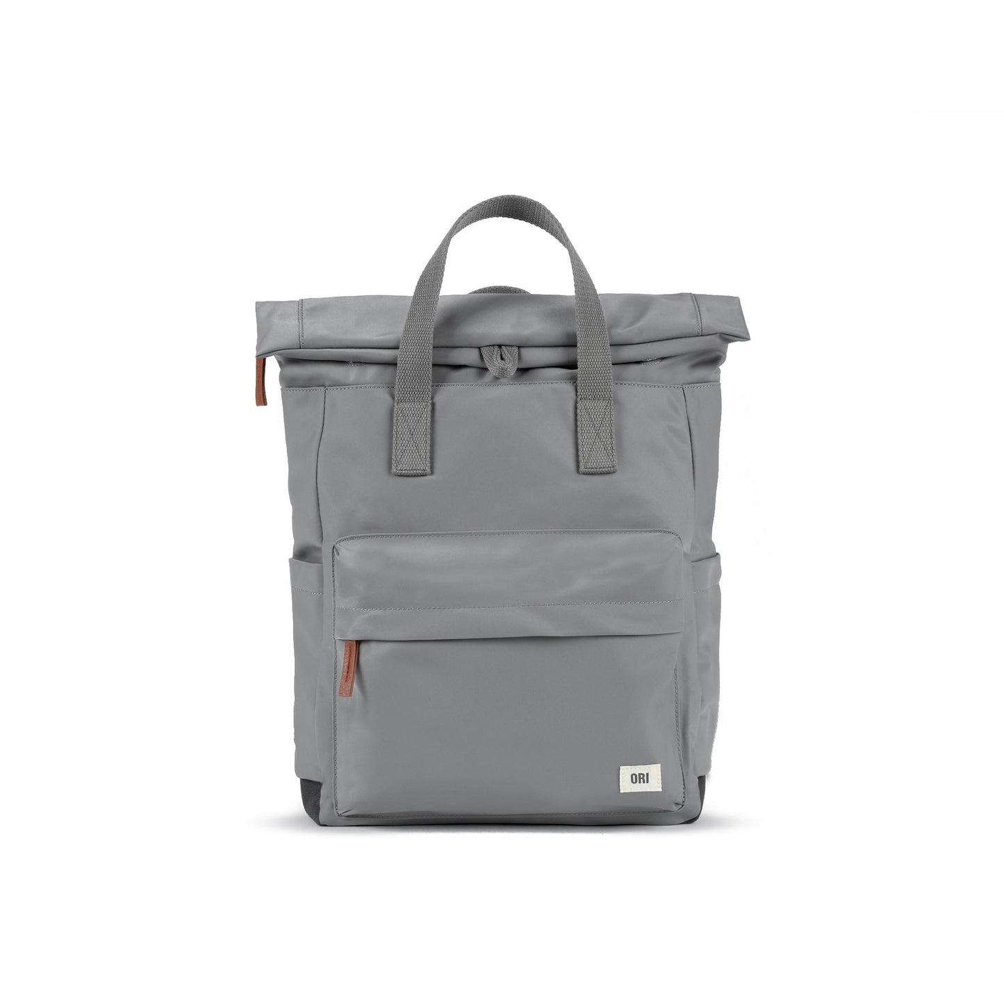 Gray medium nylon backpack with gray top handles, front pocket, and zip closure