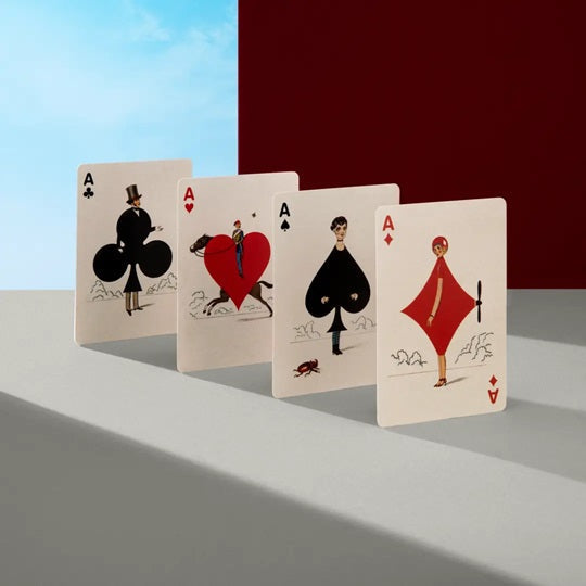 Playing cards fan with illustrated characters, black and red Aces and face cards