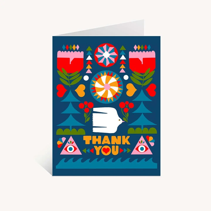Thank you card with folk floral design, bird, and bold 'THANK YOU' lettering