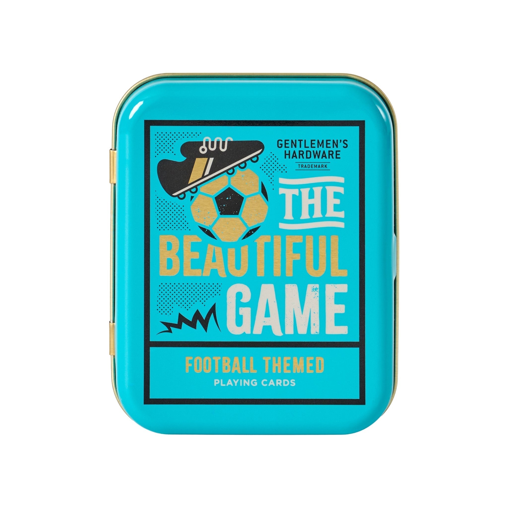 Football-themed playing card tin, teal with soccer ball graphic and “The Beautiful Game” label.
