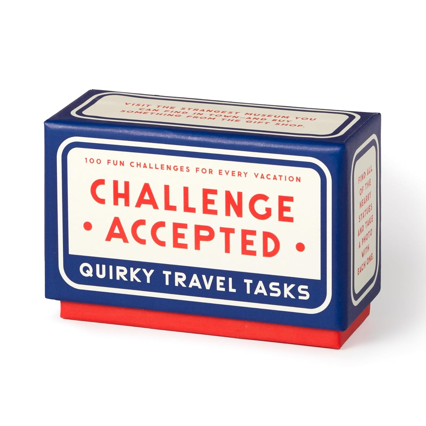 Blue Challenge Accepted quirky travel tasks card set box with red lettering