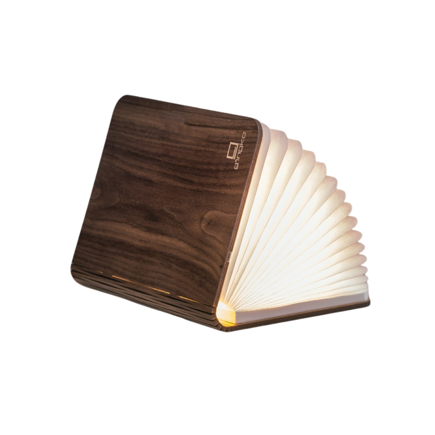 Walnut wood mini booklight with slatted light panel and warm glow