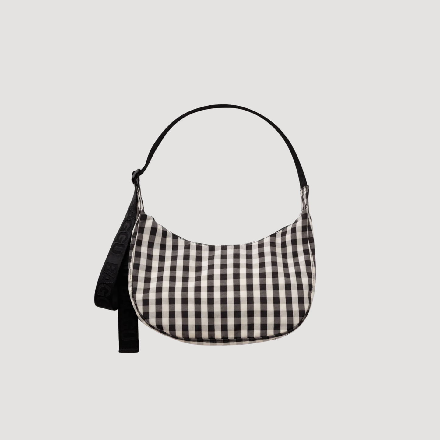 Medium crescent nylon bag, black-and-cream gingham fabric with adjustable strap