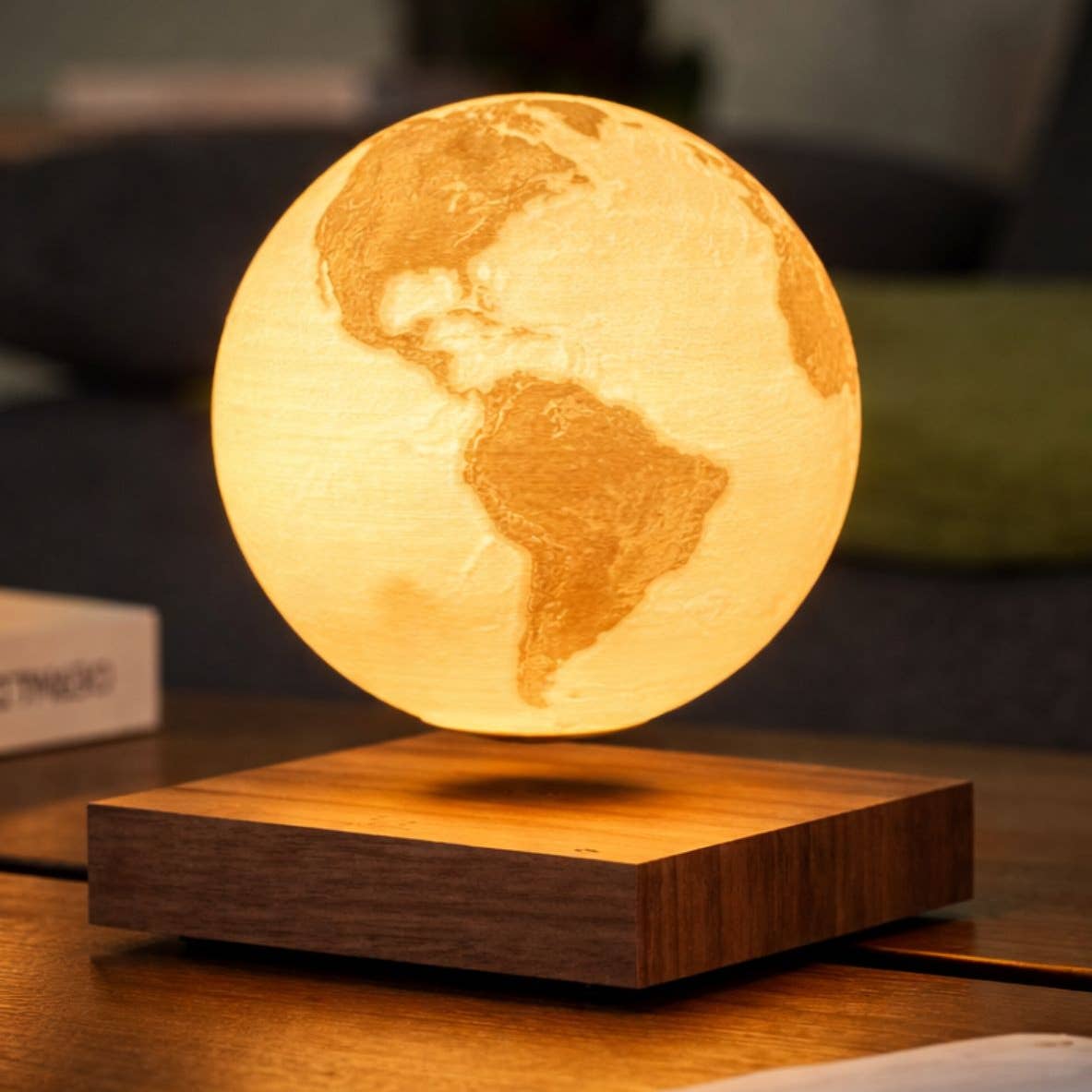 Smart Earth lamp with round globe top and Earth map pattern on walnut base