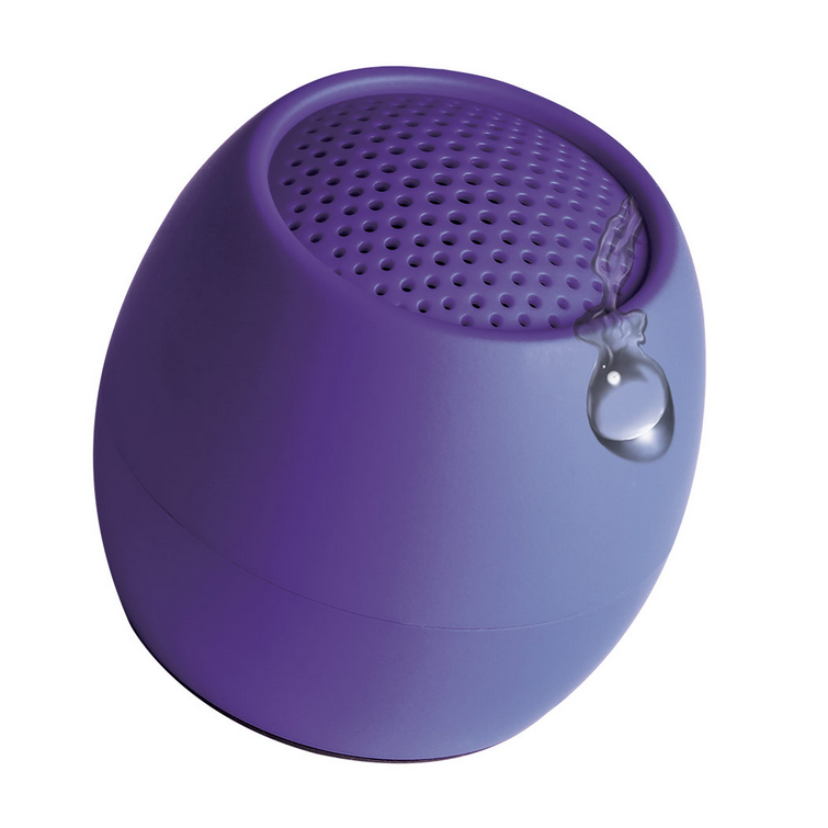 Mini wireless speaker in purple with top grille and small hanging loop