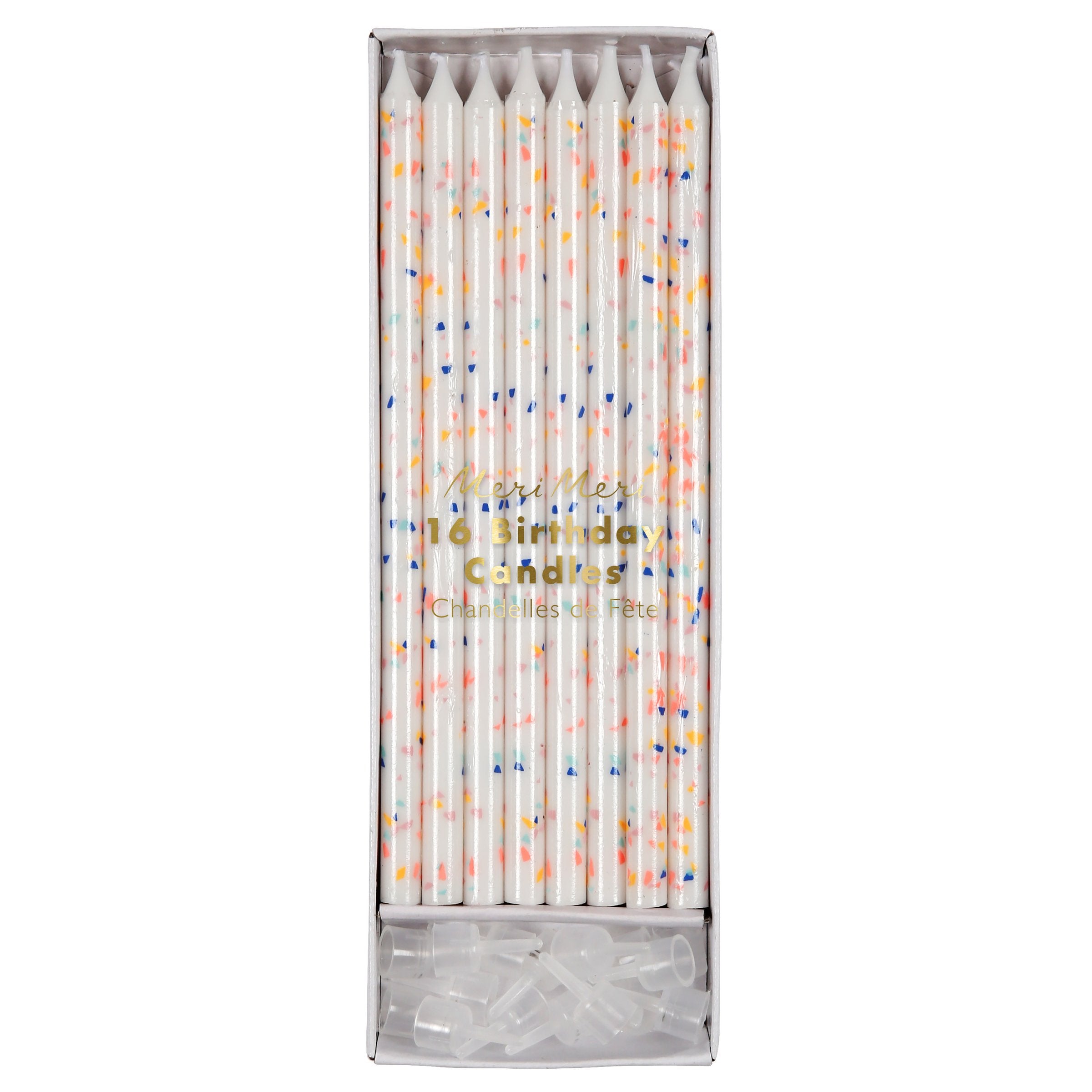 Set of 16 white confetti birthday candles with multicolor speckled stripes, in gift box