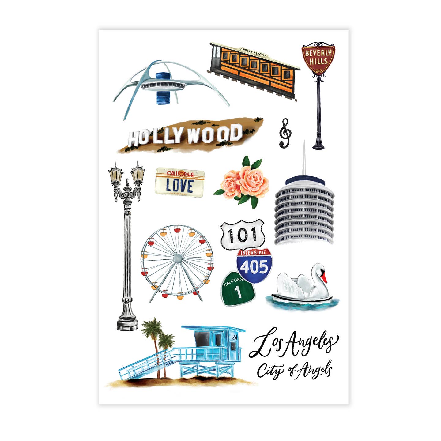 Los Angeles collage postcard with landmarks, roses, microphone, ferris wheel, and Hollywood text