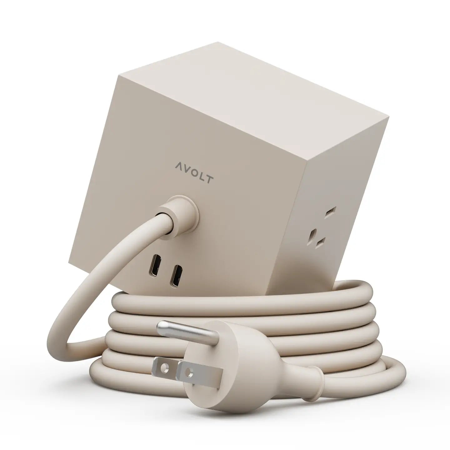 Square 1 extension cord set in beige with 3-prong outlets and coiled cable
