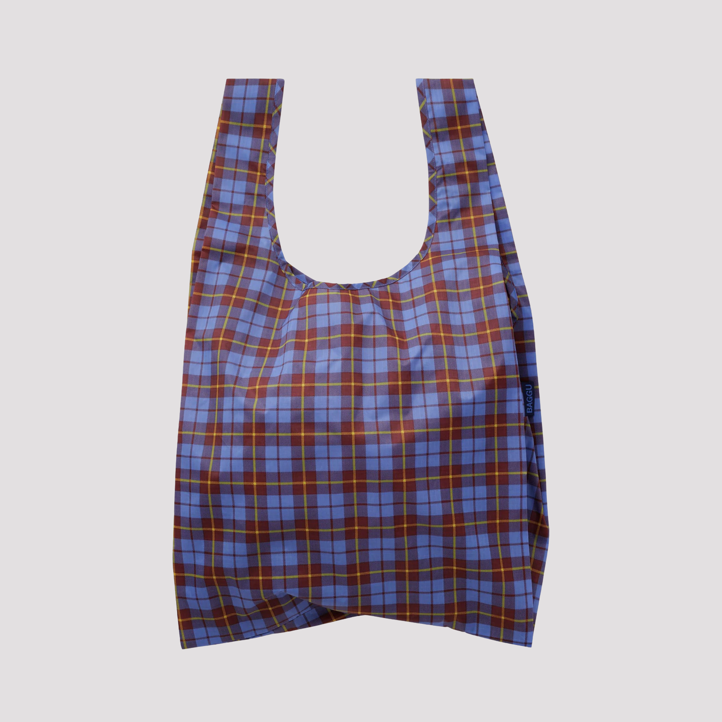 Reusable tote bag with blue and orange plaid pattern
