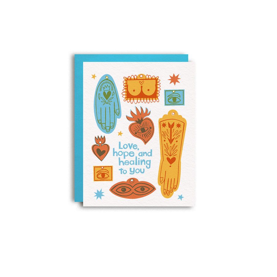 Sympathy card with teal envelope, colorful icons, and "Love, hope and healing to You".