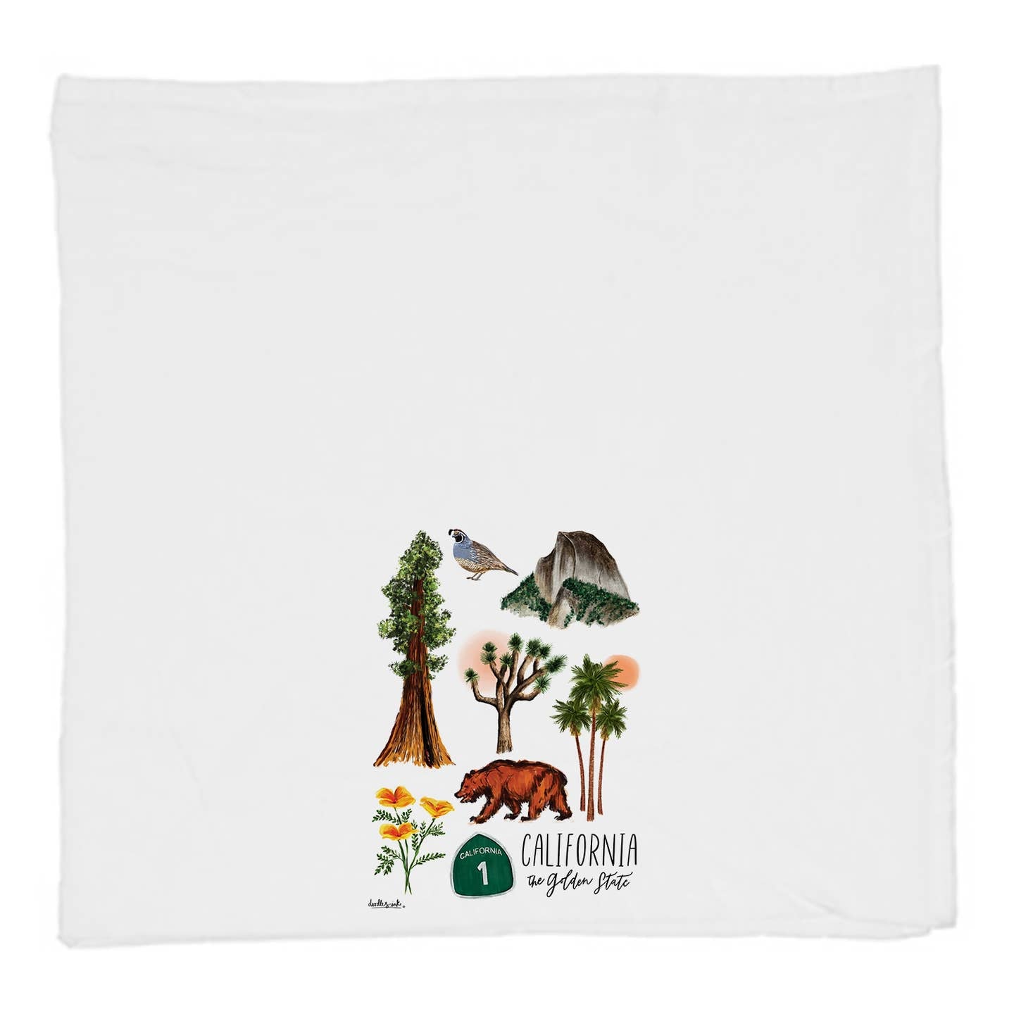 Tea towel with small California collage: trees, bear, bird, and Golden State text