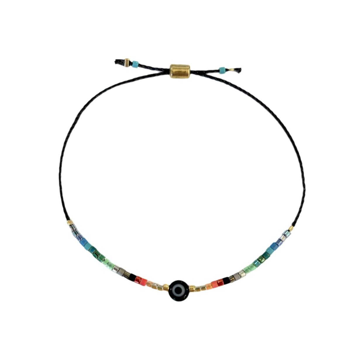 Adjustable cord bracelet with multicolor beads and black evil-eye centerpiece bead