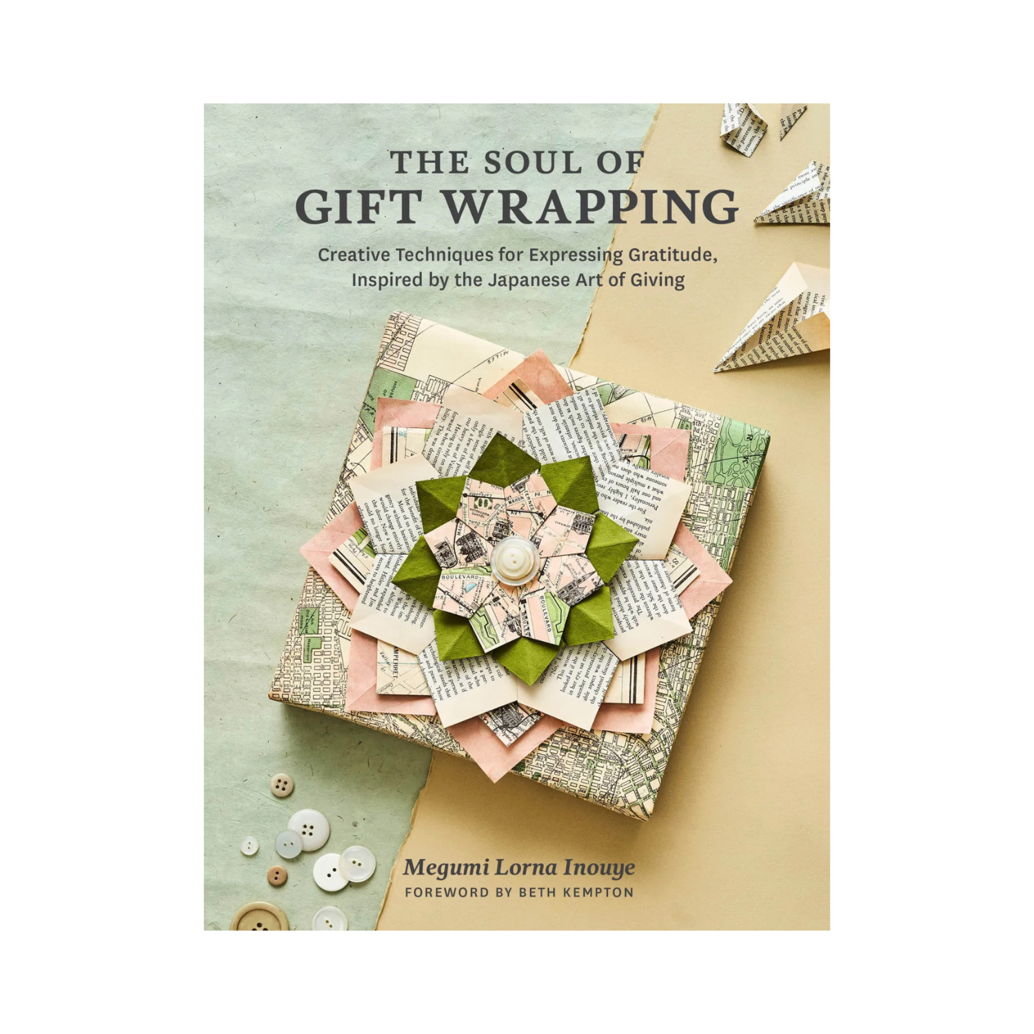 Gift wrapping book cover with “THE SOUL OF GIFT WRAPPING” title and paper craft collage