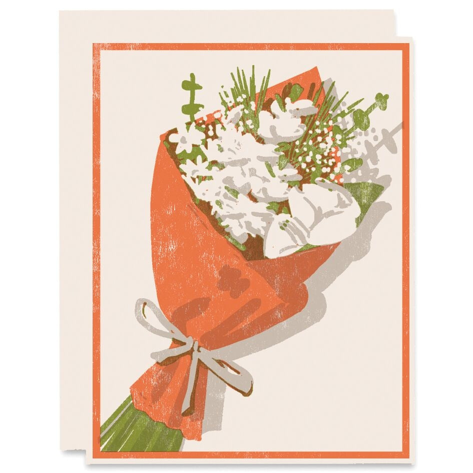 Everyday greeting card with illustrated bouquet in orange wrap and white flowers, tied bow