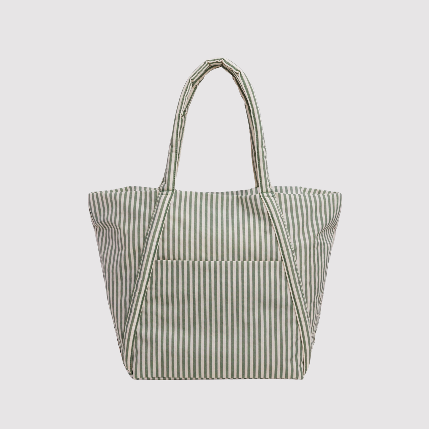 Striped tote bag with two top handles and a structured rectangular body
