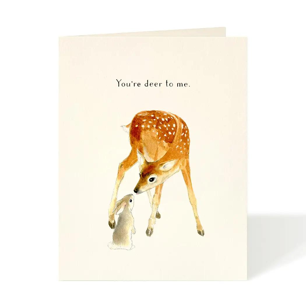 Love & friendship card, cream, deer illustration with 'You're dear to me.'