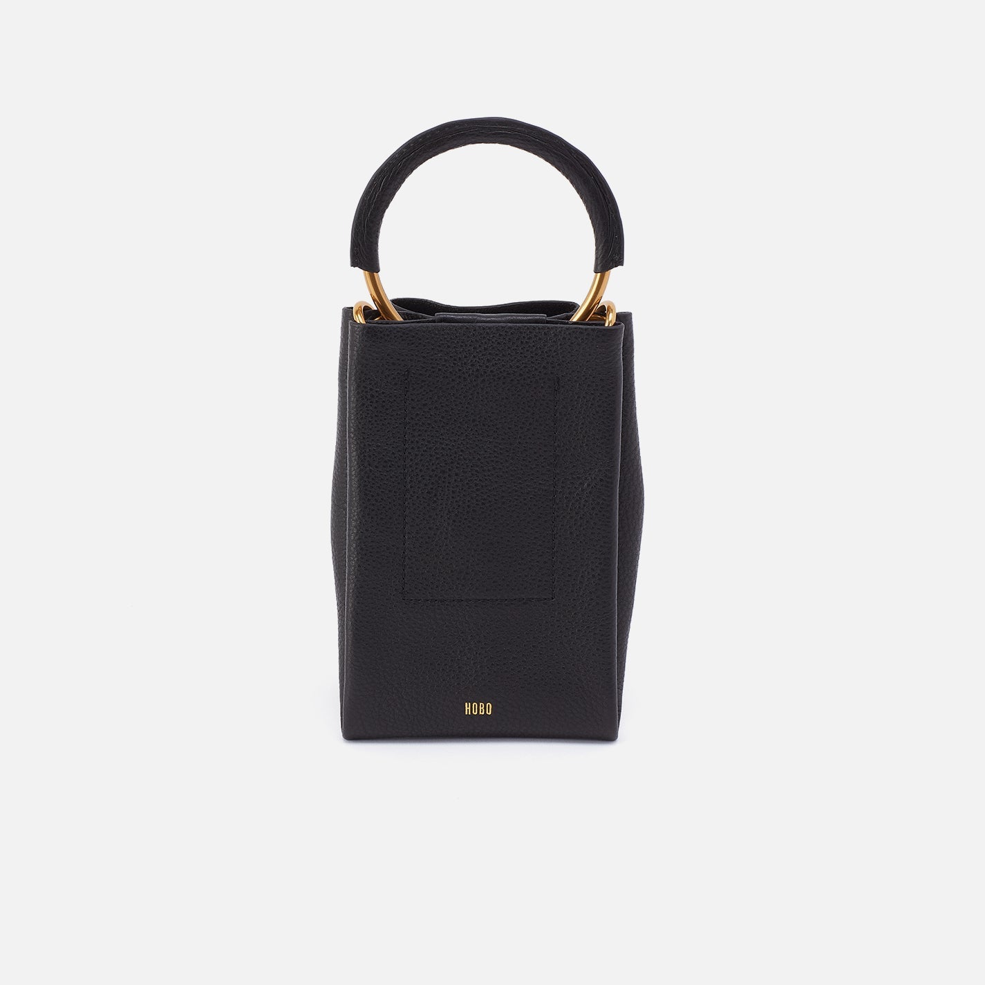 Black phone crossbody bag with gold hardware, top handle, and front pocket.