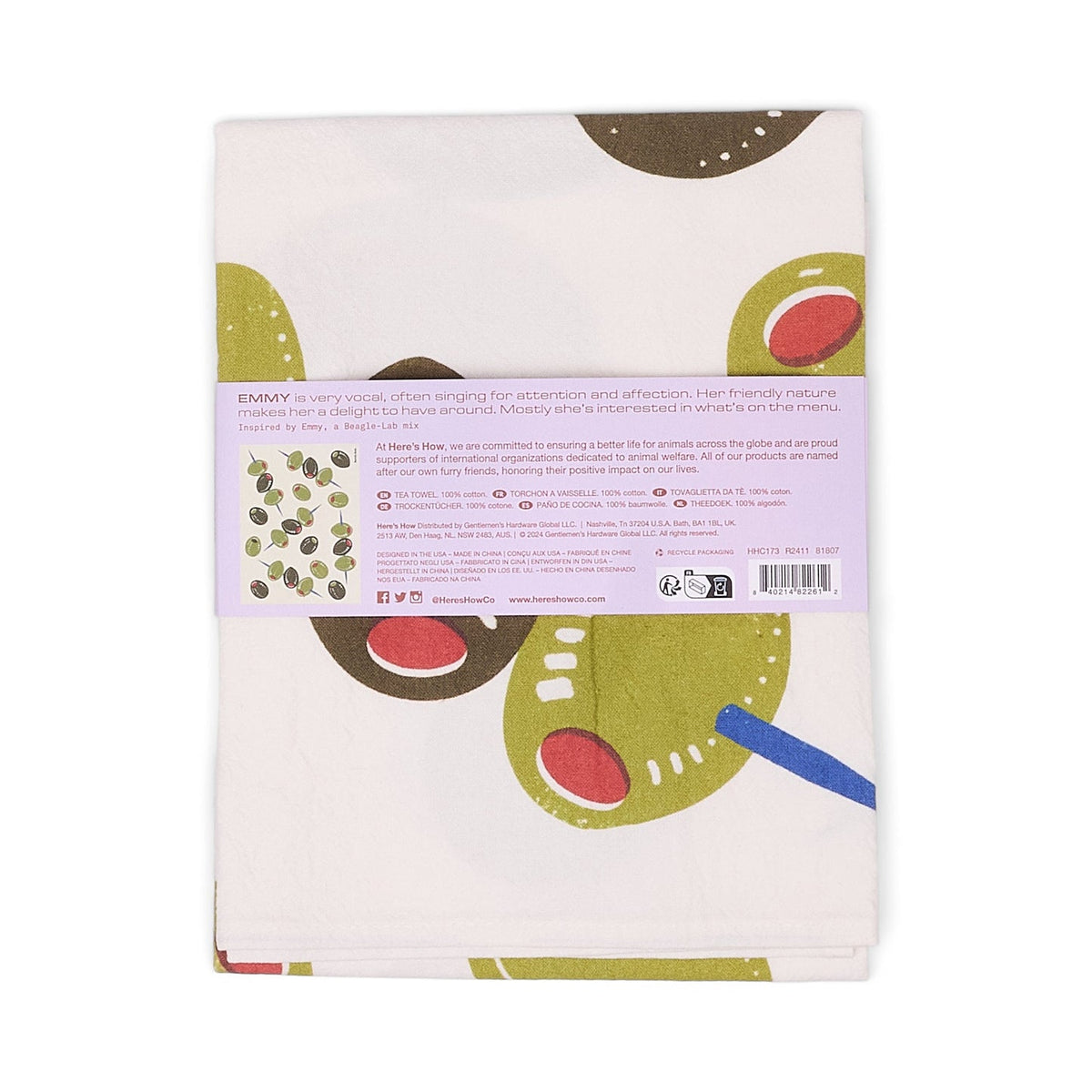 Olive-pattern tea towel with purple info label on the reverse side