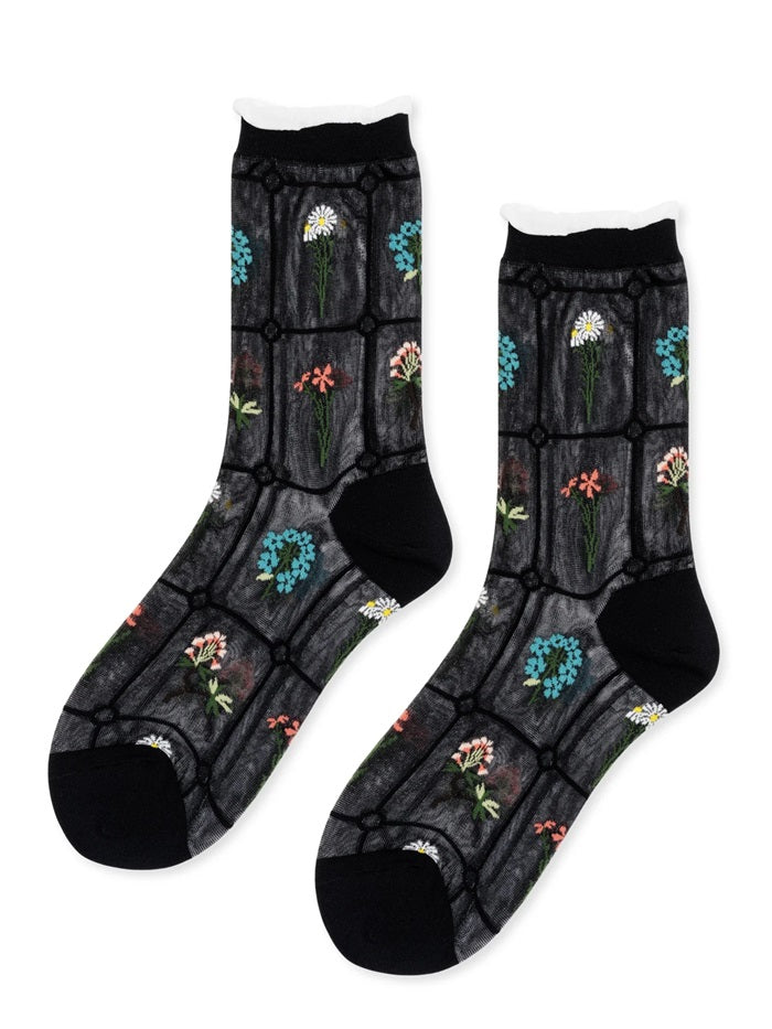 Black sheer crew socks, embroidered with multicolor flowers and vine on front