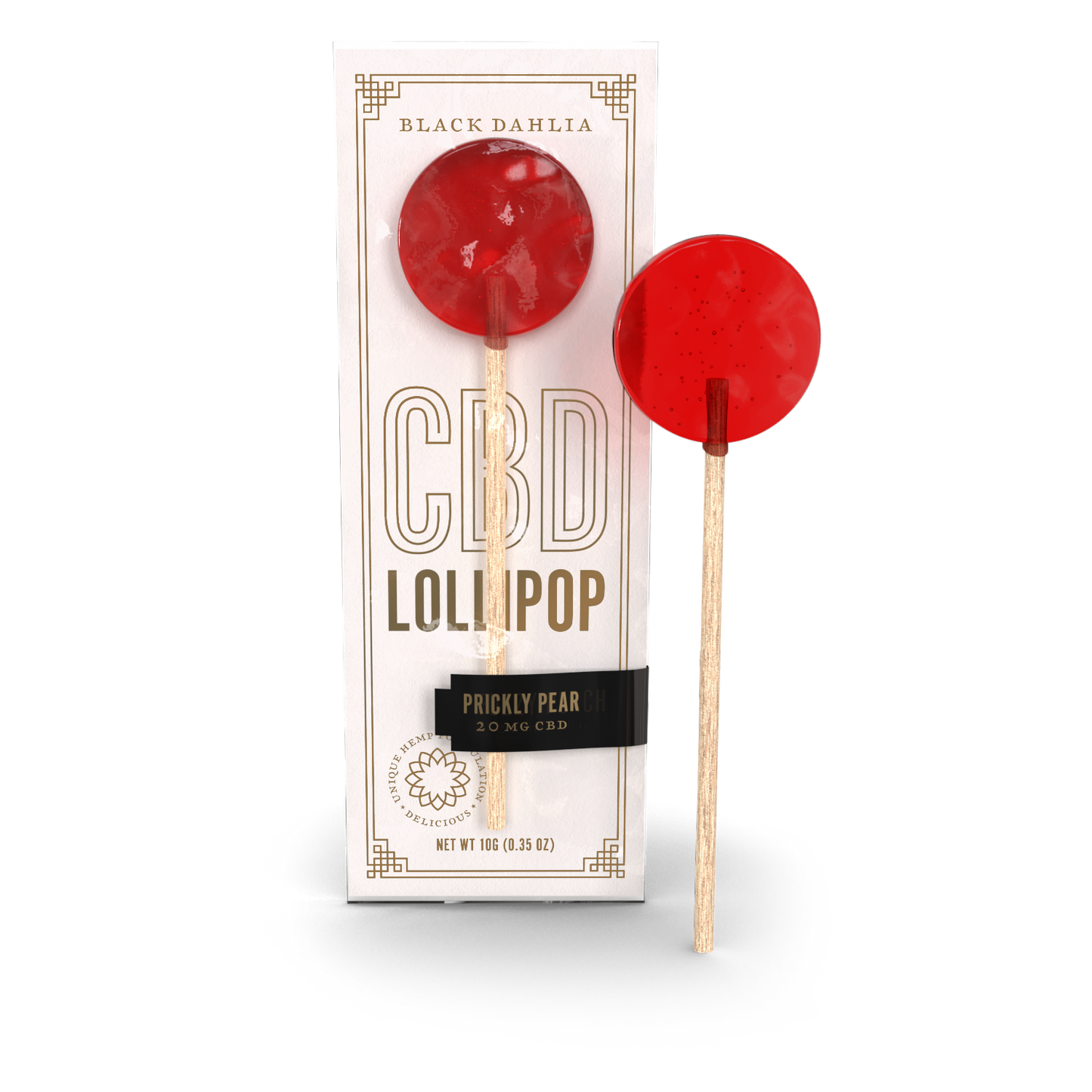 CBD lollipop candy with red prickly pear flavor, on wooden stick and in box