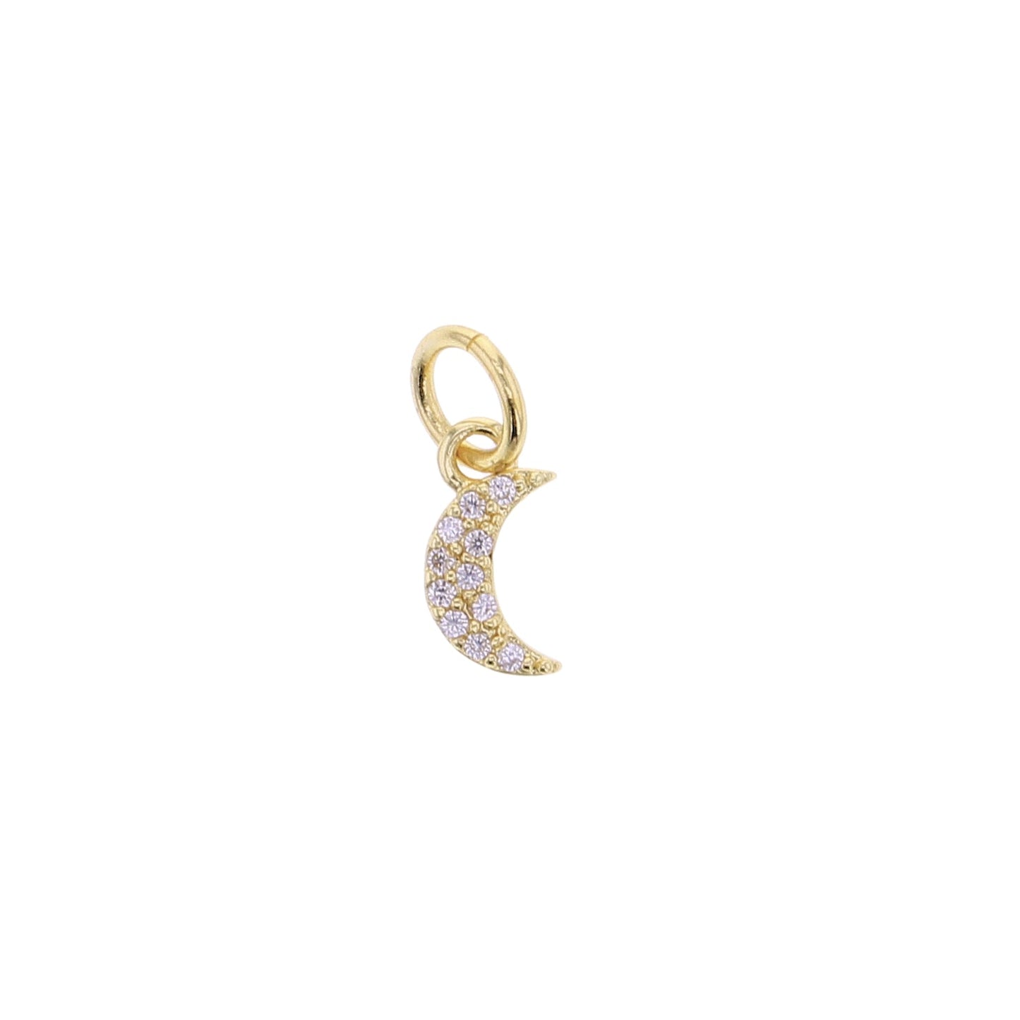 Gold moon charm featuring a purple CZ-studded crescent and top loop bail