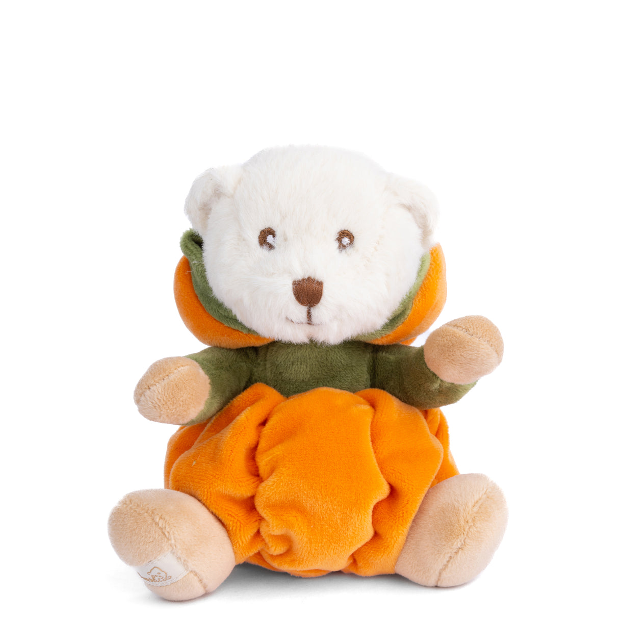 Plush pumpkin outfit with white face, green hood, orange body, and tan feet