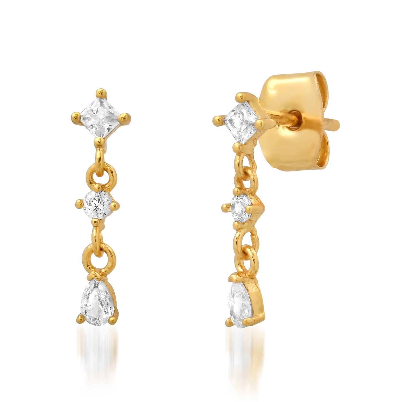 Gold-tone CZ dangle earrings with mixed clear stone shapes and small gold beads